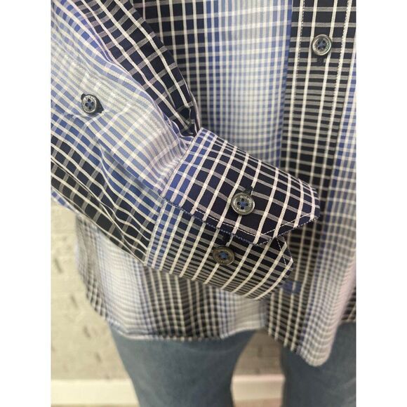 Bugatchi Blue Striped Plaid Long Sleeve Shirt Size XL - Picture 5 of 12